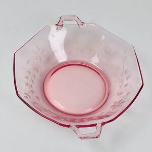 Vintage Pink Depression Glass Bowl With Handles Leaf Etching Design